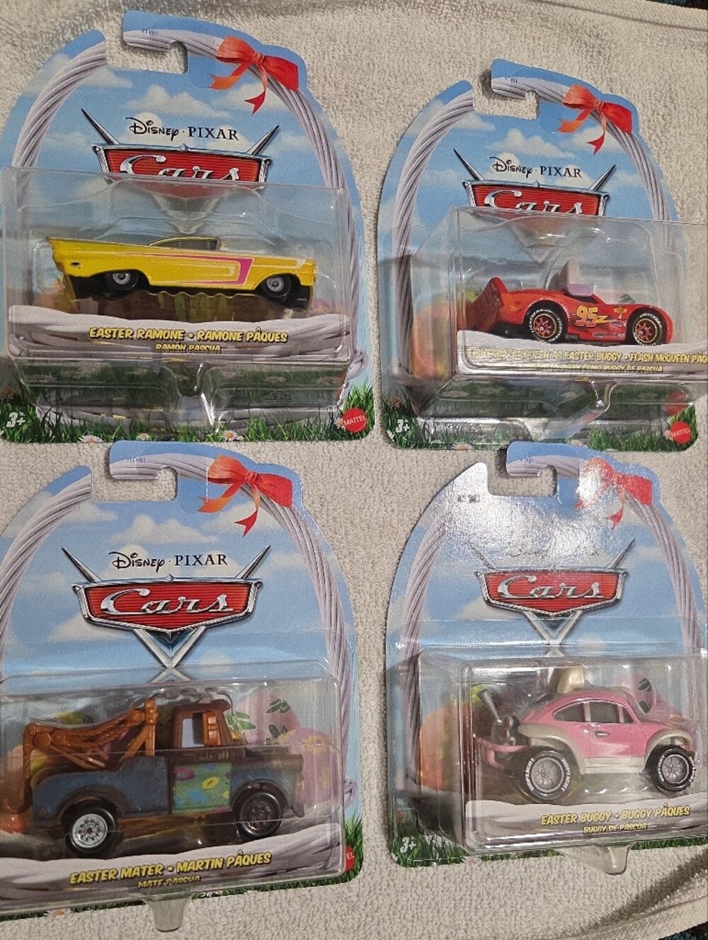 4 Disney Pixar Cars Toy Vehicles - McQueen, Mater, Ramone, Easter Buggy NIP